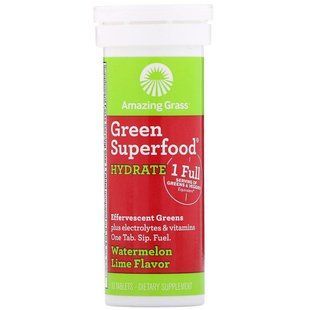 Fizzing drink made from greens to maintain water balance, with the taste of watermelon and lime, Amazing Grass, 10 tablets.