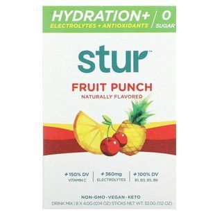 Stur, Hydration + Electrolytes + Antioxidants Drink Mix, Fruit Punch, 8 Sticks, 0.14 oz (4 g) Each купить в Киеве и Украине