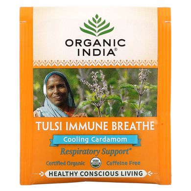 Organic India, Tulsi Immune Breathe, охлаждающий кардамон, без кофеина, 18 пакетов для настоя, 1,27 унции (36 г) купить в Киеве и Украине