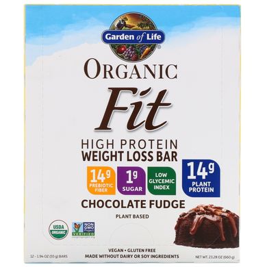 Батончики з рослинним білком для схуднення шоколадна помадка органік Garden of Life (Protein Bar) 12 шт. по 55 г