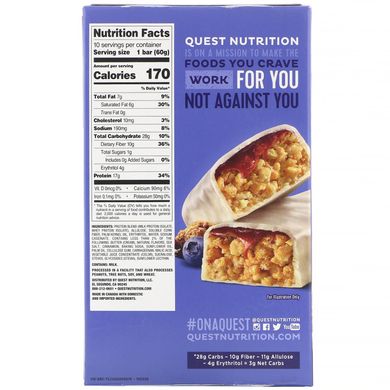 Протеїнові батончики Blueberry Cobbler-, Quest Nutrition, 10 батончиків по 2,12 унції (60 г) кожен
