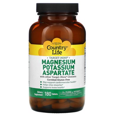 Аспартат магнію і калію Country Life (Magnesium Potassium Aspartate) 180 таблеток
