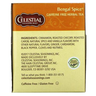 Трав'яний чай, бенгальські спеції, без кофеїну, Celestial Seasonings, 20 чайних пакетиків, 17 унції (47 г)