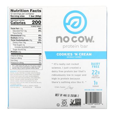 No Cow, протеїновий батончик, зі смаком печива з кремом, 12 батончиків, 60 г (2,12 унції)