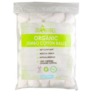 Органічні ватні кульки, Organic Jumbo Cotton Balls, Sky Organics, 60 шт
