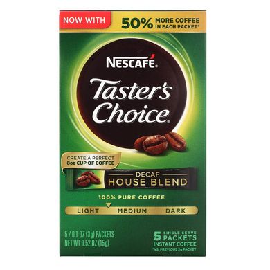 Nescafé, Tasters Choice, Decaf House Blend, кава без кофеїну, середньо-слабка обсмажування, 5 пакетиків по 3 г (0,1 унція)