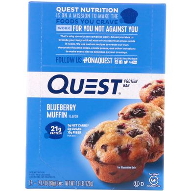 Протеїнові батончики, Quest Protein Bar, Чорничний Маффін, Quest Nutrition, 12 батончиків по 2,12 унції (60 г) кожен