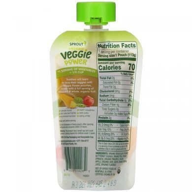 Зелені овочі з ананасом і яблуком, Veggie Power, Green Veggies with Pineapple & Apple, Sprout Organic, 113 г