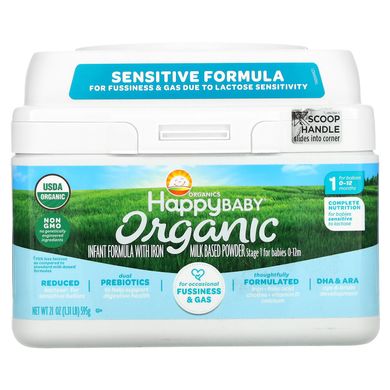Happy Family Organics, Organics Happy Baby, дитяча суміш із залізом, етап 2, 0-12 місяців, 21 унція (595 г)
