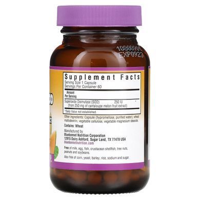 Superfruits, Vegetarian Formula Superoxide Dismutase (SOD) Extract, Melon Fruit Extract, Bluebonnet Nutrition, 250 IU, 60 Vegetable Capsules.