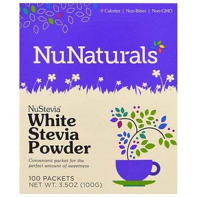 NuStevia Білий порошок стевії, NuNaturals, 100 пакетиків, 35 oz (100 г)
