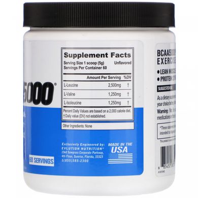 BCAA 5000, без смакових добавок, EVLution Nutrition, 10,6 унцій (300 г)