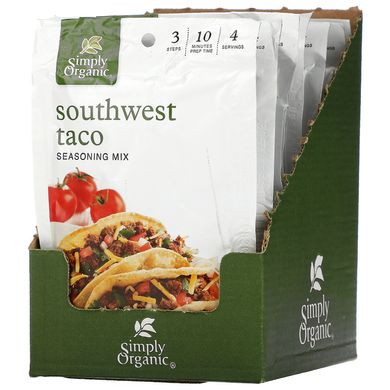 Simply Organic, Суміш приправи для тако Southwest, 12 пакетиків по 1,13 унції (32 г) кожен