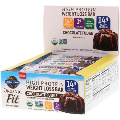 Батончики з рослинним білком для схуднення шоколадна помадка органік Garden of Life (Protein Bar) 12 шт. по 55 г