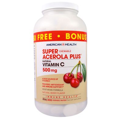 Ацерола зі смаком натуральних ягід American Health (Super Chewable Acerola Plus) 500 мг 300 жувальних пастилок