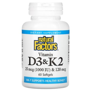 Витамин Д3 и К2 Natural Factors (Vitamin D3 & K2) 1000 МЕ/120 мкг 60 капсул купить в Киеве и Украине