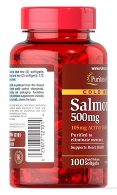 Жир лосося 105 мг активного Омега-3 Puritan's Pride (Salmon oil) 500 мг 100 капсул