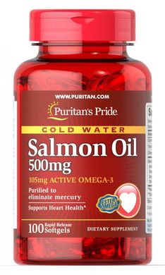 Жир лосося 105 мг активного Омега-3 Puritan's Pride (Salmon oil) 500 мг 100 капсул купить в Киеве и Украине
