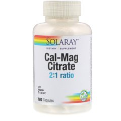 Кальцій-магній цитрат в співвідношенні 2:1, Cal-Mag Citrate 2:1 w/D-3 & K-2, Solaray, 180 капсул