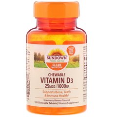 Вітамін D3 з полунично-банановим смаком, Sundown Naturals, 25 мг (1000 МО), 120 жувальних таблеток
