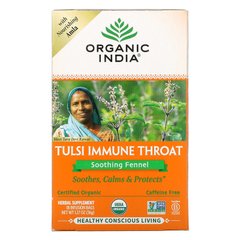 Organic India, Tulsi Immune Throat, заспокійливий фенхель, без кофеїну, 18 пакетів для інфузій, 1,27 унції (36 г)