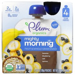 Plum Organics, Mighty Morning, закуска з фруктів та цільного зерна, банан, чорниця, овес, лобода, баночки, 4 пакетики по 3,17 унції (90 г) кожен