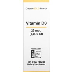 Жидкий витамин Д3 California Gold Nutrition (Vitamin D3 Liquid) 25 мкг 1000 МЕ 30 мл купить в Киеве и Украине