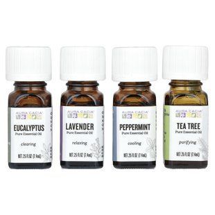 Discover the set of essential oils, Aura Cacia, 4 bottles, 0.25 ounces (7.4 ml) each.