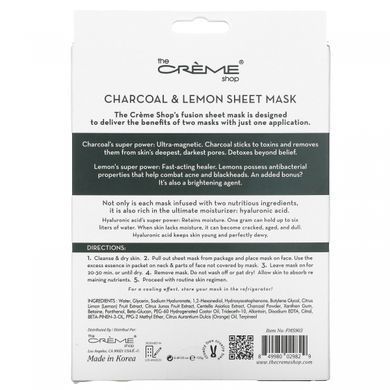 The Creme Shop, Fusion Beauty Sheet Mask, charcoal and lemonade, 5 sheets, 4.40 oz (125 g)