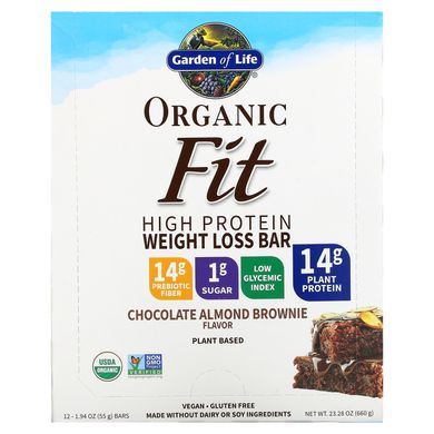Батончики з рослинним білком для схуднення шоколад-мигдаль органік Garden of Life (Protein Bar) 12 шт. по 55 г