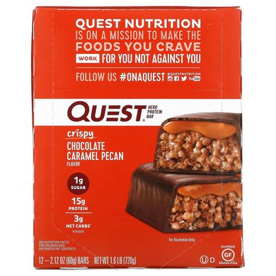 Quest Nutrition, Протеиновый батончик Hero, хрустящий шоколадно-карамельный пекан, 12 батончиков по 2,12 унции (60 г) каждый купить в Киеве и Украине