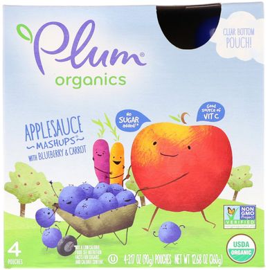 Органічний продукт, апетитна суміш з чорницею і морквою, Plum Organics, 4 упаковки, 3,17 унц (90 г) в кожній