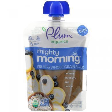 Plum Organics, Mighty Morning, fruit and whole grain snack, banana, blueberry, oats, quinoa, jars, 4 pouches of 3.17 oz (90 g) each.