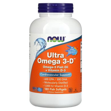 Омега 3-Д риб'ячий жир і вітамін Д3 Now Foods (Ultra Omega 3-D) 180 желатинових капсул