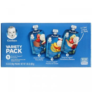 Набір різноманітних продуктів, від 12 місяців, фрукти і йогурт, Variety Pack, 12+ Months, Fruit & Yogurt, Gerber, 9 пакетиків по 3,5 унції (99 г) кожен