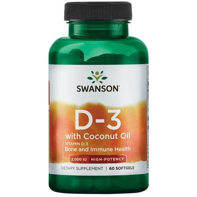 Вітамін Д3 з кокосовою олією - висока ефективність, Vitamin D3 with Coconut Oil - High Potency, Swanson, 2,000 МО, 60 капсул