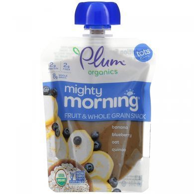 Plum Organics, Mighty Morning, fruit and whole grain snack, banana, blueberry, oats, quinoa, jars, 4 pouches of 3.17 oz (90 g) each.