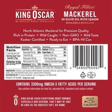 King Oscar, Royal Fillets, скумбрія в оливковій олії з лимоном, 4,05 унції (115 г)
