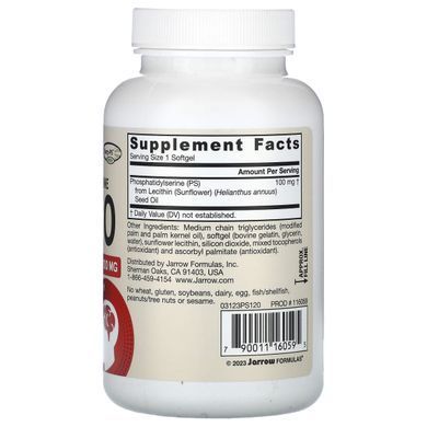 Фосфатидилсерин, PS-100 (Phosphatidylserine), Jarrow Formulas, 100 мг, 60 гелевых капсул купить в Киеве и Украине