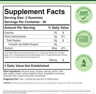 Double Wood Mushroom Gummies (5 Types) 250 mg 60 Gummies