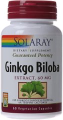 Гинкго билоба, Ginkgo Biloba Leaf Extract, Solaray, 60 мг, 60 вегетарианских капсул купить в Киеве и Украине