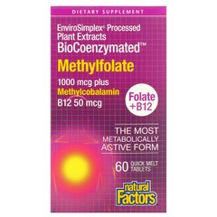 BioCoenzymated, фолат і B12, метілфолат, Natural Factors 1000 мкг, 60 швидко розсмоктуються таблеток