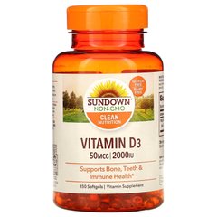 Sundown Naturals, Вітамін D3, 50 мкг (2000 МО), 350 м'яких таблеток