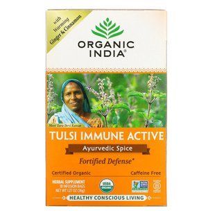 Organic India, Tulsi Immune Active, аюрведичні спеції, без кофеїну, 18 пакетів для інфузій, 1,27 унції (36 г)