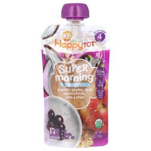 Happy Family Organics, Happy Tot, Stage 4, супер-утро, органические яблоки, асаи, кокосовое молоко и овес + супер чиа, 4 унции (113 г) купить в Киеве и Украине