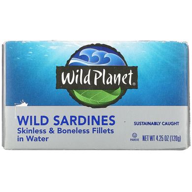 Дикі сардини, філе без шкіри і кісток в воді, Wild Sardines, Skinless & Boneless Fillets in Water, Wild Planet, 120 г