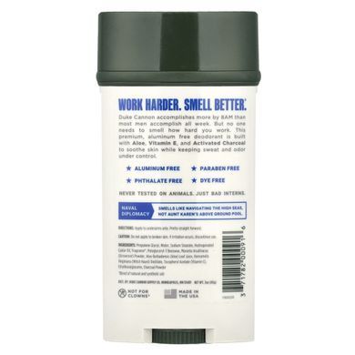 Duke Cannon Supply Co., Aluminum Free Deodorant, Naval Diplomacy, Bergamot + Aquatic Musk, 3 oz (85 g)