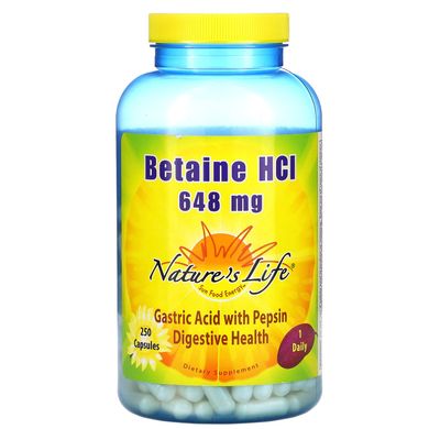 Бетаїн гідрохлорид (Betaine HCl), Nature's Life, 648 мг, 250 капсул