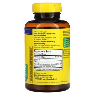 Кальцій і вітамін Д Nature Made (Calcium with Vitamin D) 400 МО 600 мг 100 капсул