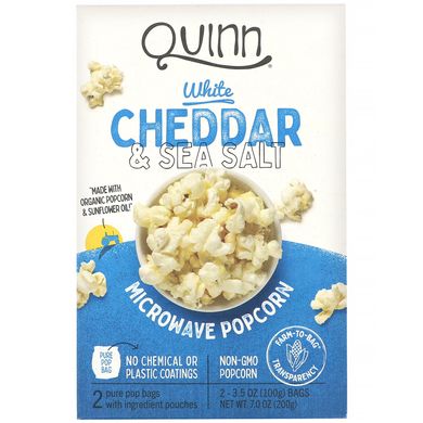 СВЧ попкорн, білий чедер і морська сіль, Microwave Popcorn, White Cheddar,Sea Salt, Quinn Popcorn, 2 пакетики, 3,5 унції (100 г) кожен